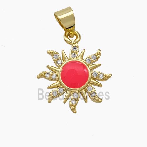 Copper Sun Pendant Pave Zirconia Red Enamel Gold Plated