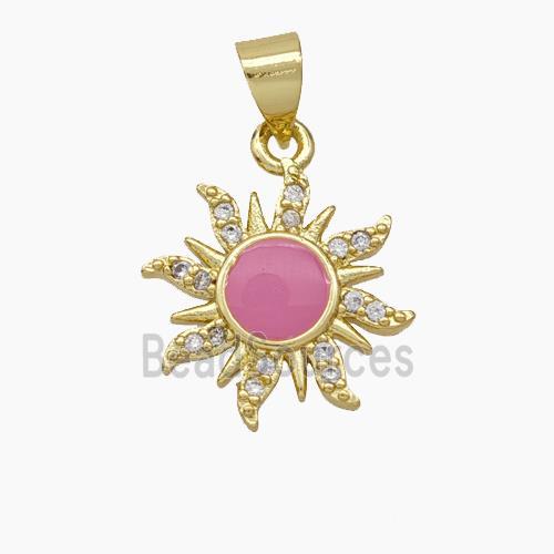 Copper Sun Pendant Pave Zirconia Pink Enamel Gold Plated