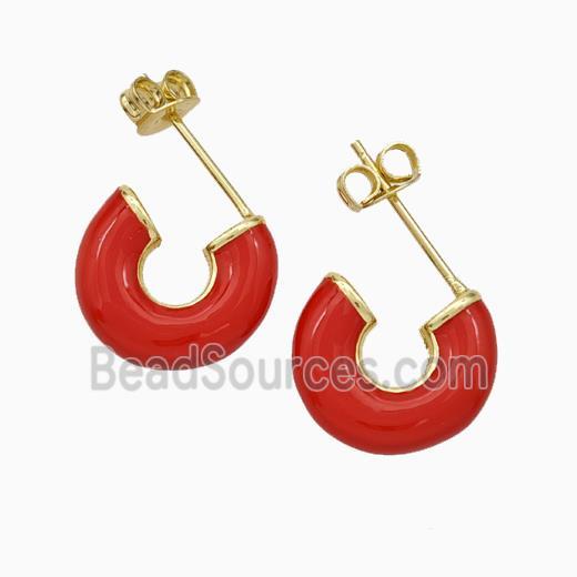 Copper Stud Earrings Red Enamel Gold Plated