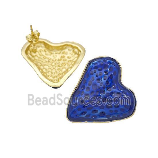 Copper Heart Stud Earrings Blue Painted Gold Plated