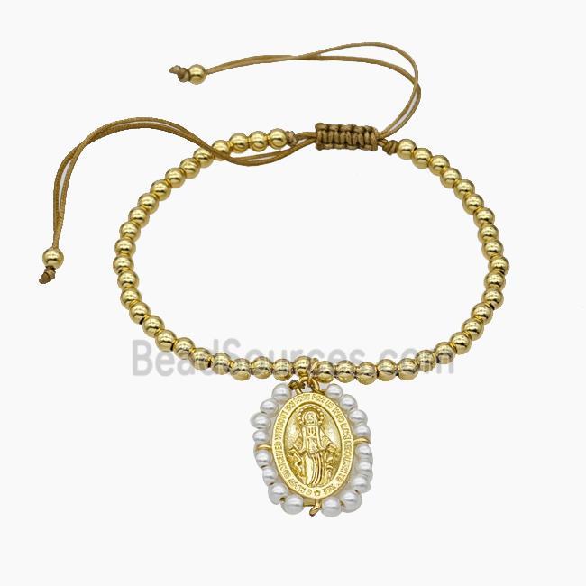 Copper Bracelet With Jesus Pave Pearlized Resin Adjustable Gold Plated