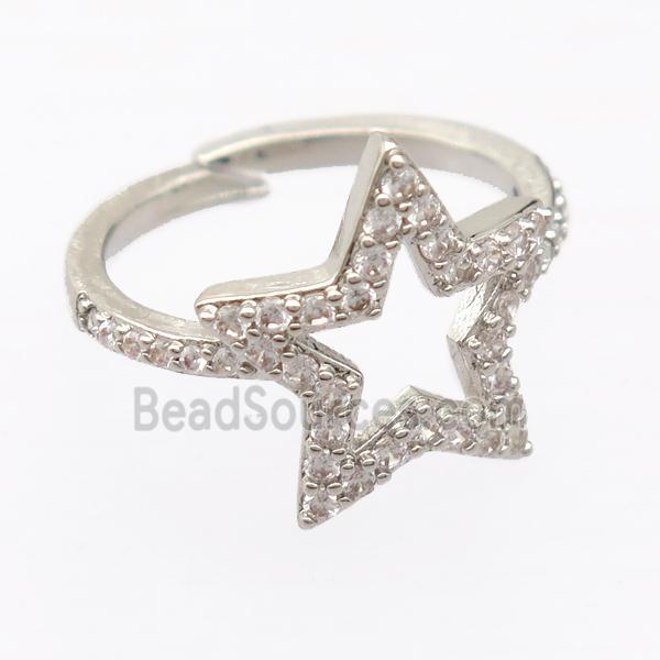 copper Rings pave zircon, resizable, star, platinum plated