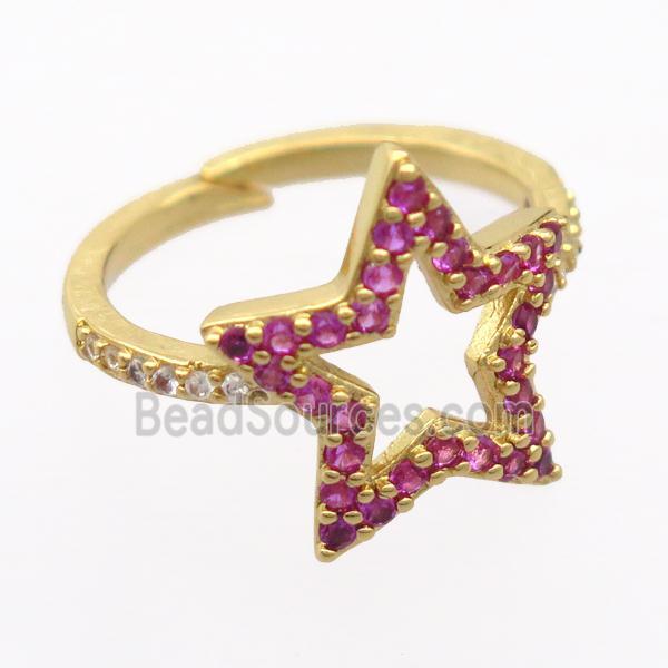 copper Rings pave zircon, resizable, star, gold plated