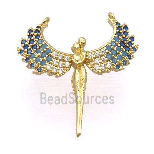 copper pendant pave zircon, angel wings, gold plated