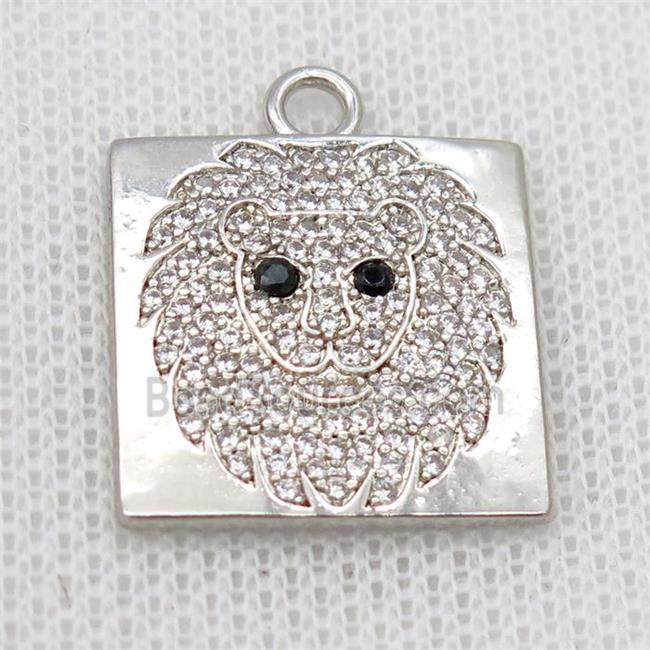 copper square pendant pave zircon, lionHead, platinum plated