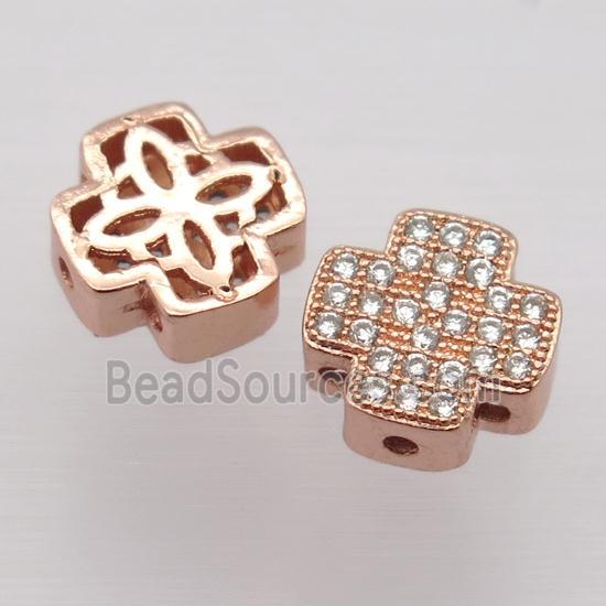 copper cross beads paved zircon, rose gold