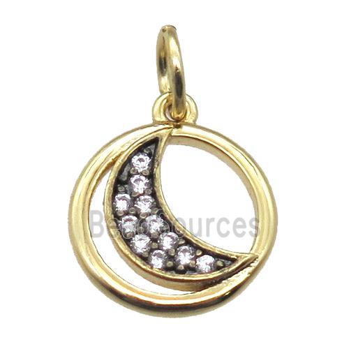 copper circle moon pendant paved zircon, gold plated