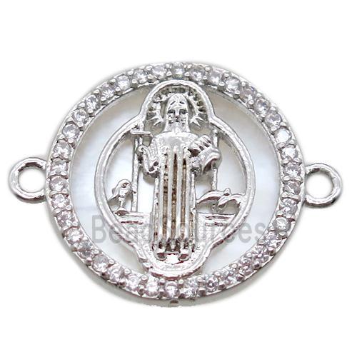 copper circle connector pave zircon with shell virgin mary, platinum plated