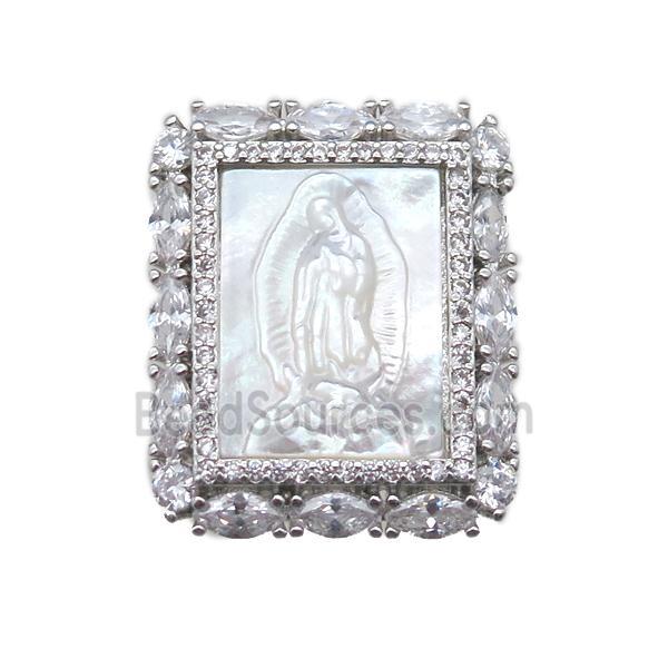 copper rectangle pendant pave zircon with shell virgin mary, platinum plated