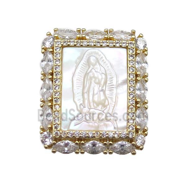 copper rectangle pendant pave zircon with shell virgin mary, gold plated