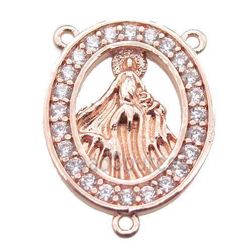 copper oval hanger bail pave zircon with shell virgin mary, rose gold