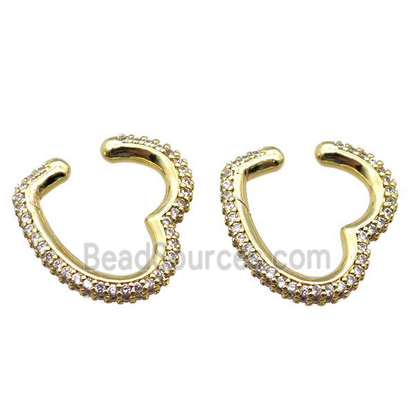 copper clip earring paved zircon, heart, gold plated