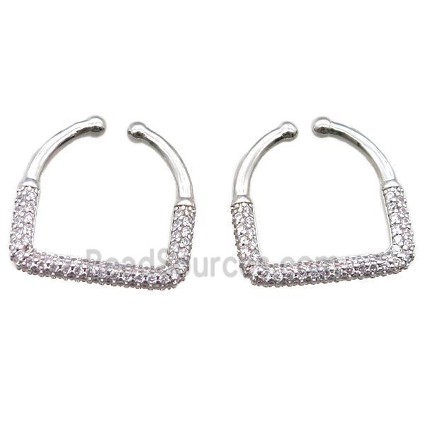 copper clip earring paved zircon, platinum plated