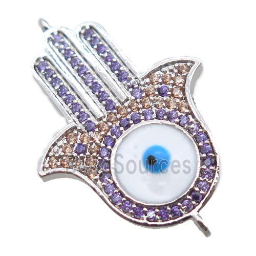 copper hamsahand connector paved zircon with evil eye, platinum plated