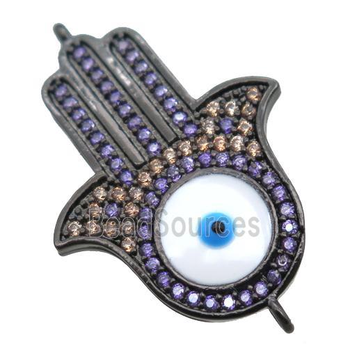 copper hamsahand connector paved zircon with evil eye, black plated