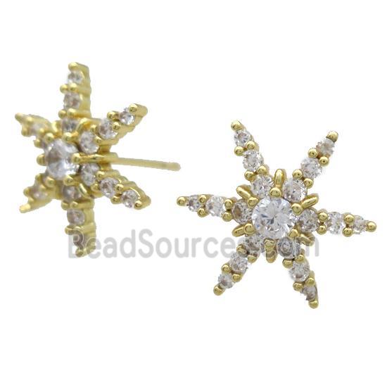 copper Studs Earrings paved zircon, snowflake, gold plated