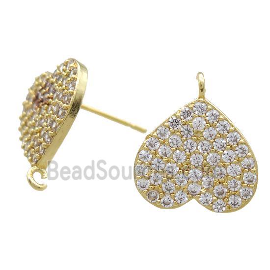 copper Studs Earrings paved zircon, heart, gold plated