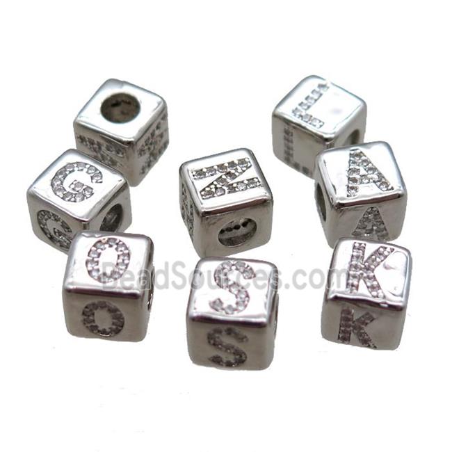 copper cube letter beads pzve zircon, large hole, mixed alphabet, platinum plated