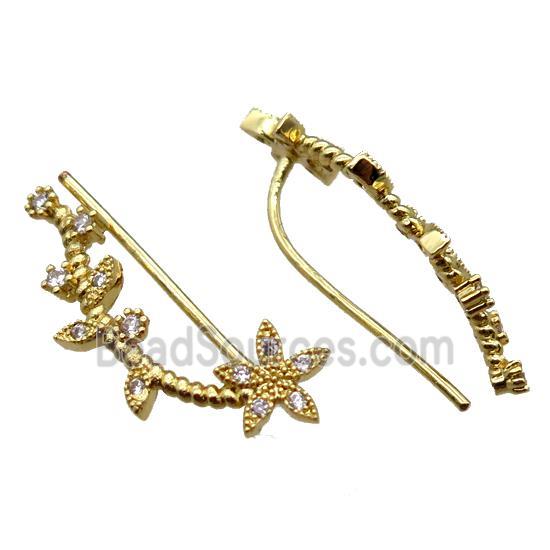 copper hook Earring paved zircon, flower, gold plated