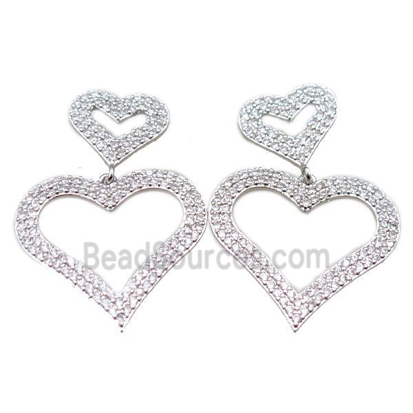 copper stud Earrings pave zircon, heart, platinum plated