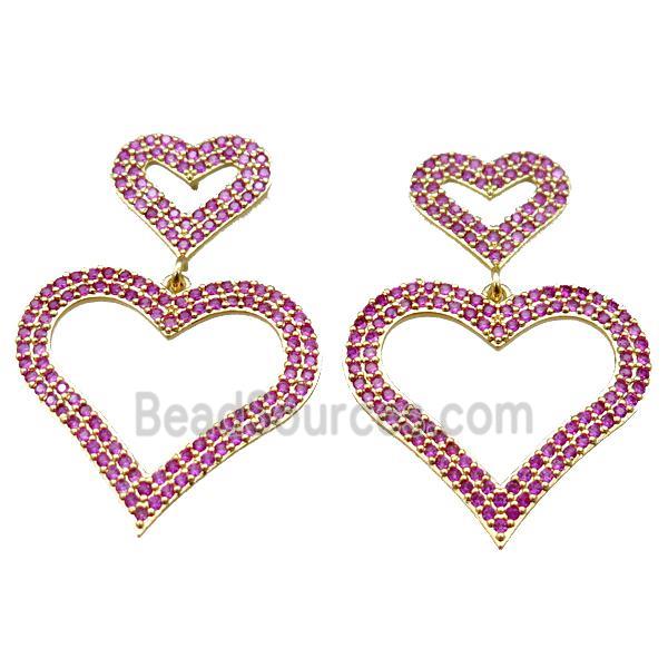 copper stud Earrings pave zircon, heart, gold plated