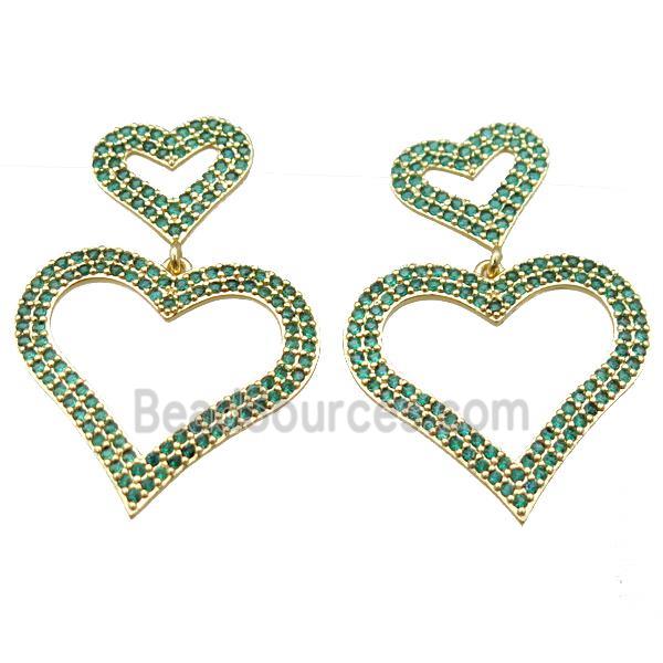 copper stud Earrings pave zircon, heart, gold plated