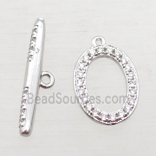 copper toggle clasp paved zircon, oval, platinum plated