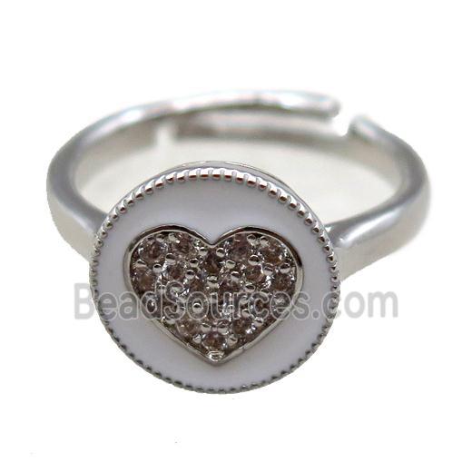 copper Ring pave zircon, enameling, heart, platinum plated