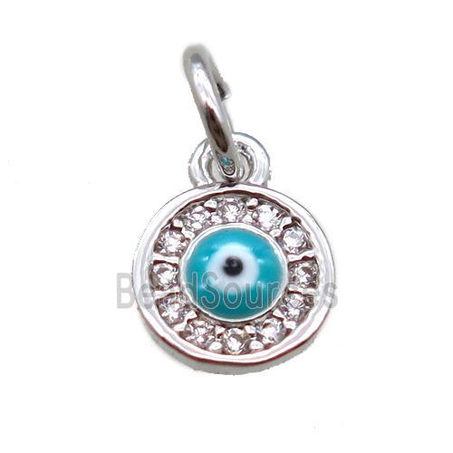 copper circle pendant paved zircon with evil eye, platinum plated