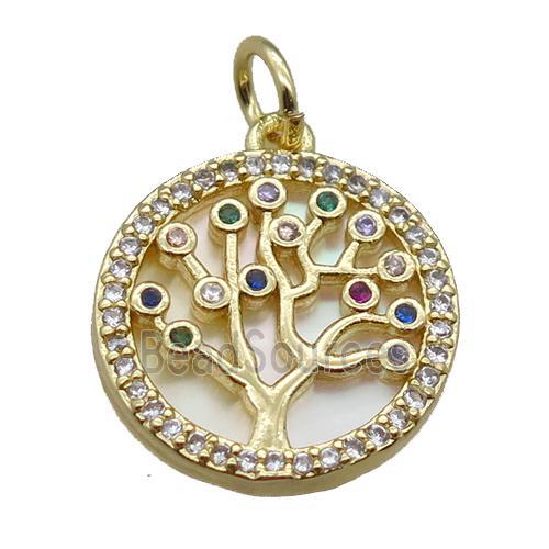 copper circle pendant paved zircon, tree of life, shell backing, gold plated