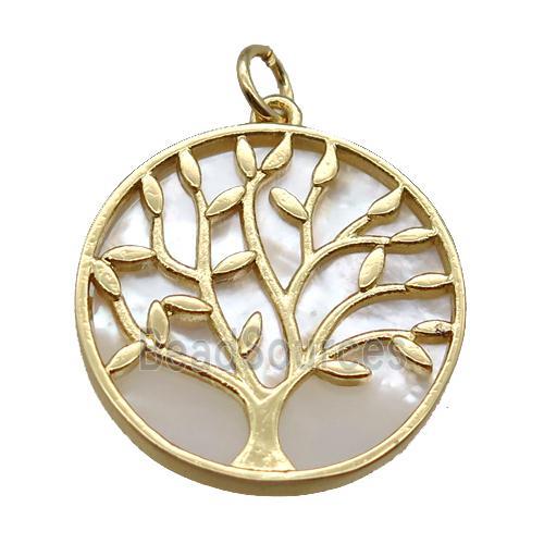 copper circle pendant, tree of life, shell backing, gold plated