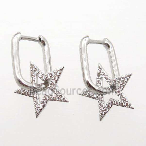 copper Latchback Earrings paved zircon, star, platinum plated