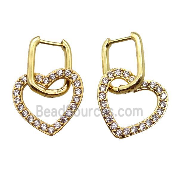 copper Latchback Earrings paved zircon, heart, gold plated