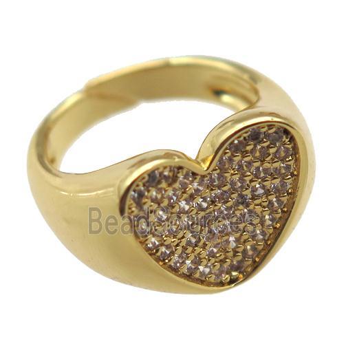 copper Rings pave zircon, heart, Resizable, gold plated