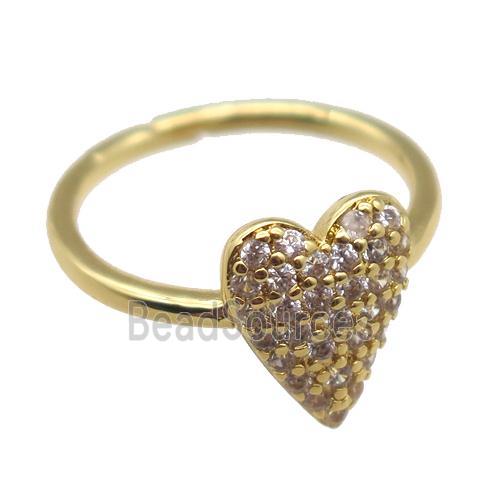 copper Rings pave zircon, heart, Resizable, gold plated