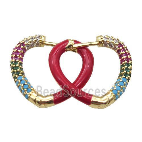 copper Latchback Earrings pave zircon with red Enameling, gold plated