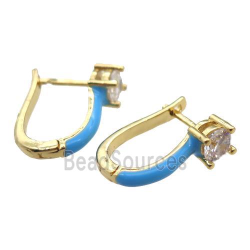 copper Latchback Earrings pave zircon with blue Enameling, gold plated