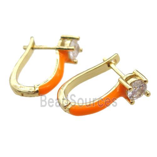 copper Latchback Earrings pave zircon with orange Enameling, gold plated