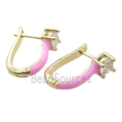 copper Latchback Earrings pave zircon with pink Enameling, gold plated