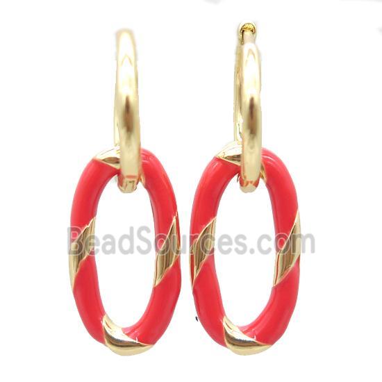 copper hoop Earring with red enameling, oval, gold plated