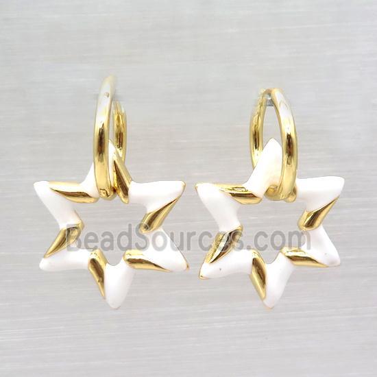 copper hoop Earring with white enameling, star, gold plated