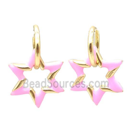 copper hoop Earring with pink enameling, star, gold plated