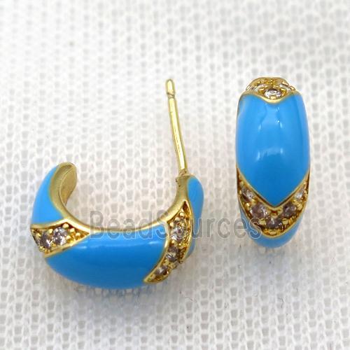 copper stud Earrings with blue Enameling, gold plated