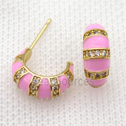 copper stud Earrings with pink Enameling, gold plated