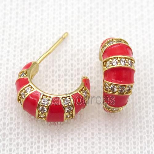 copper stud Earrings with red Enameling, gold plated