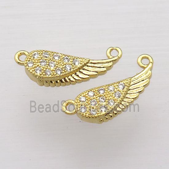 copper pendant pave zircon with 2loops, angel wings, gold plated