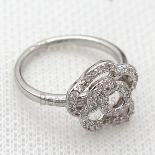 copper Rings pave zircon with flower, platinum plated