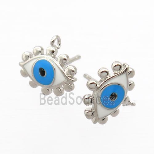 copper Stud Earrings, enamel evil eye, platinum plated