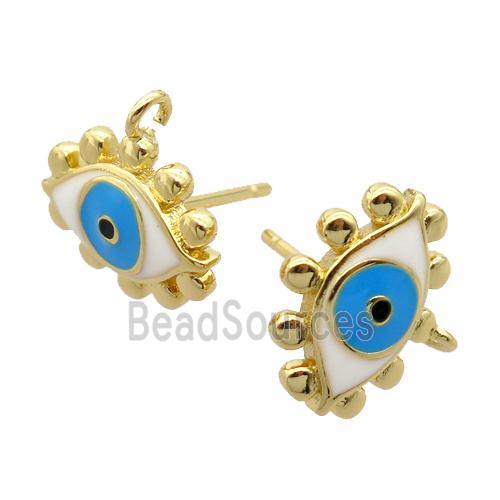 copper Stud Earrings, enamel evil eye, gold plated