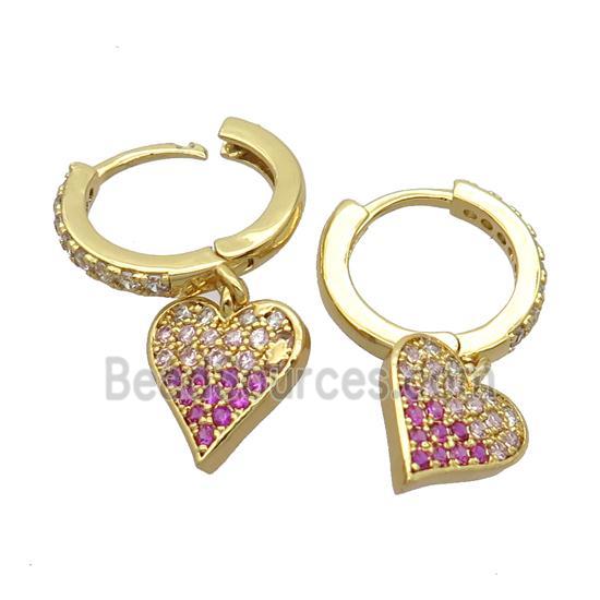 copper Hoop Earrings pave zircon with heart, gold plated